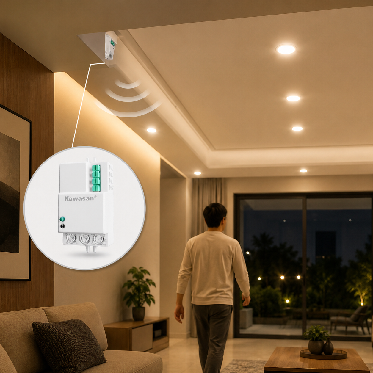 Lắp giấu âm trần thạch cao phòng khách tự động bật sáng đèn.