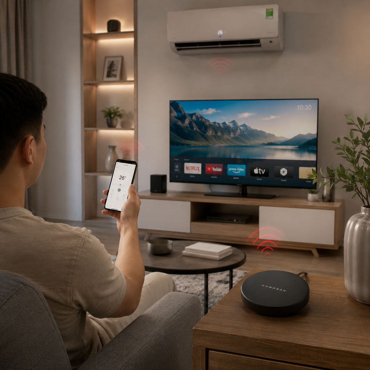 Người dùng điều khiển TV và điều hòa trong phòng khách thông qua IR Smartpro1 và App Kawasan.