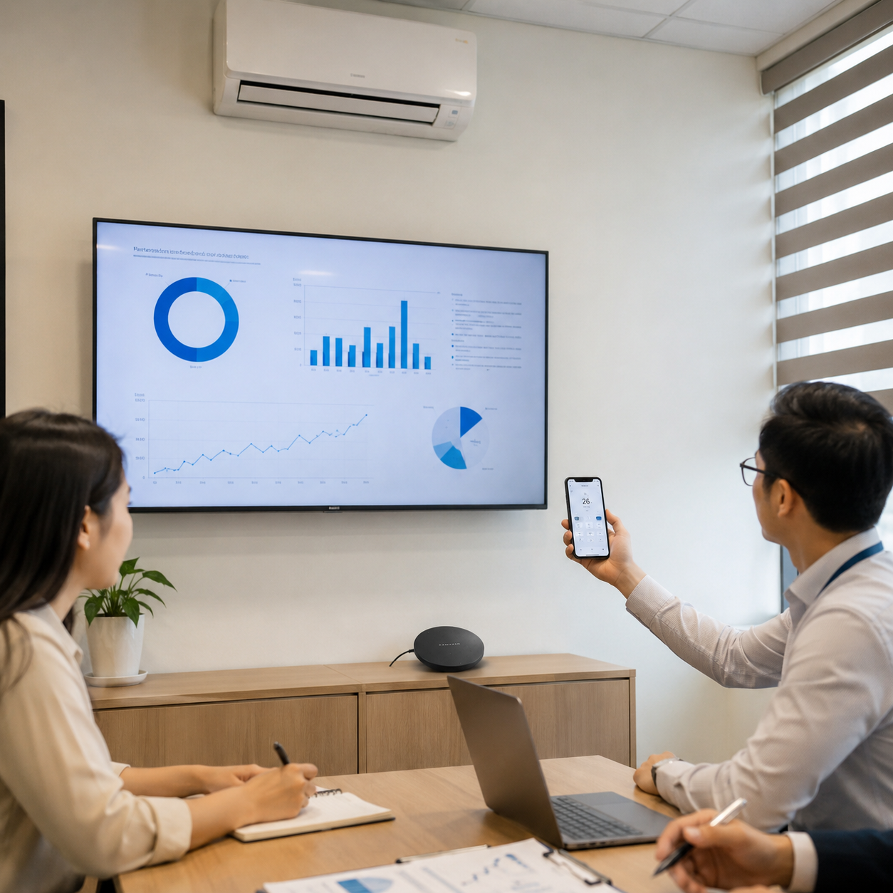 Ứng dụng trong văn phòng, hỗ trợ điều khiển điều hòa và màn hình hiển thị bằng smartphone.