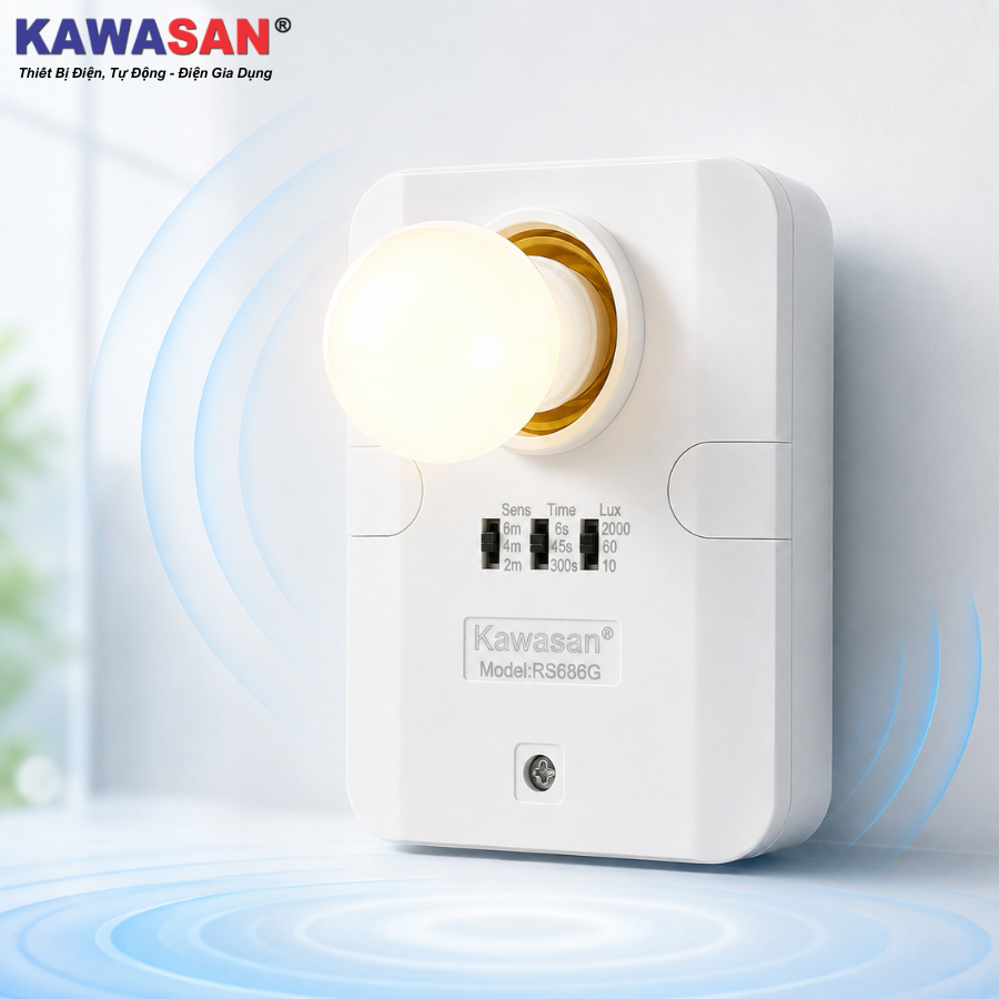 Đui đèn cảm ứng vi sóng RS686G sử dụng công nghệ radar 5.8GHz, giúp tự động bật đèn khi phát hiện chuyển động.