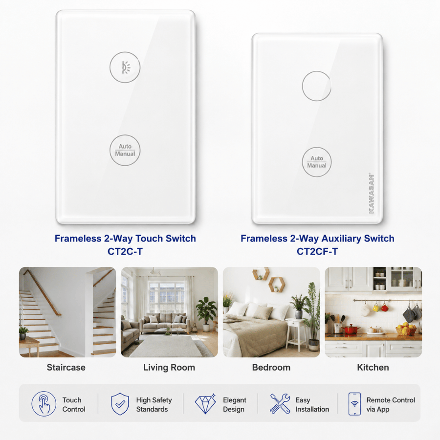 Frameless 2-Way Wi-Fi Switch with White Glass Panel CT2C-T, CT2CF-T Công Tắc CT2C-T, CT2CF-T 2 Chiều Wifi Không Viền, Kính Trắng