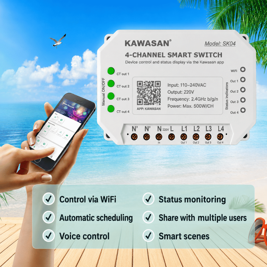 Công tắc thông minh điều khiển 4 thiết bị độc lập qua app Kawasan