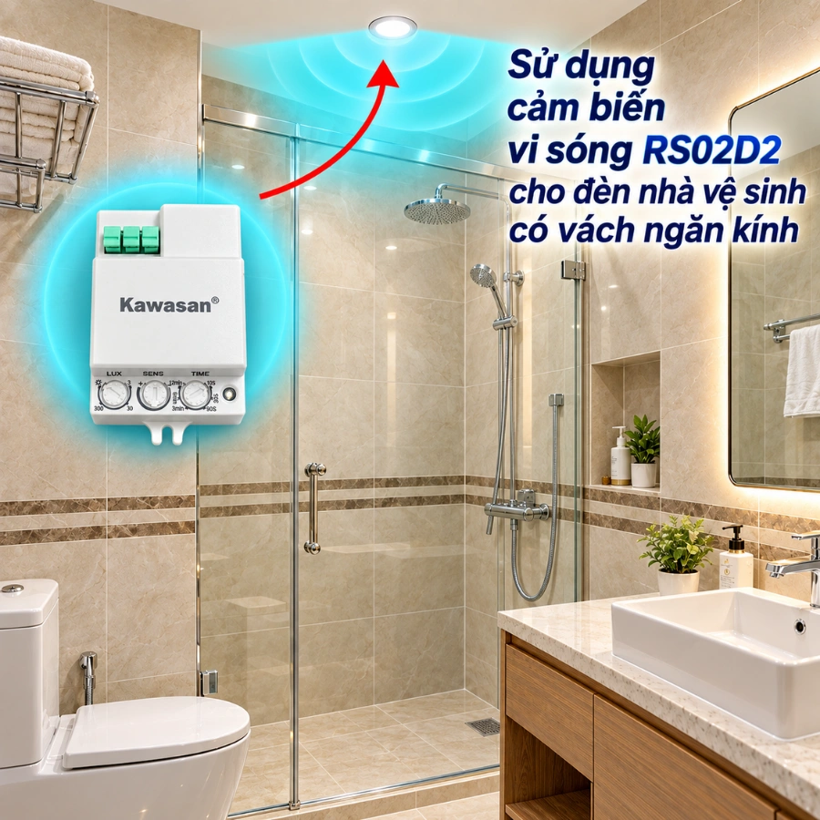 Cảm biến vi sóng Kawasan RS02D2 cho nhà vệ sinh có vách kính