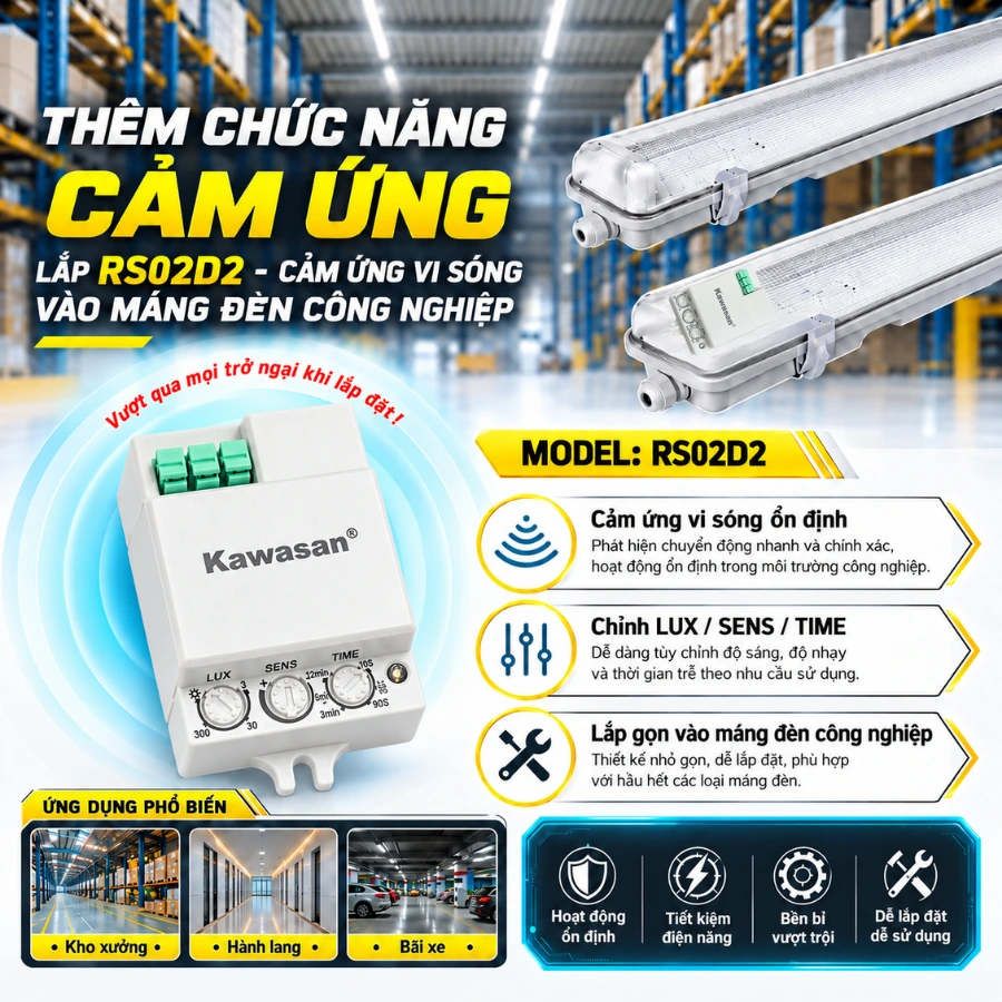 Cảm biến vi sóng RS02D2 lắp vào máng đèn công nghiệp