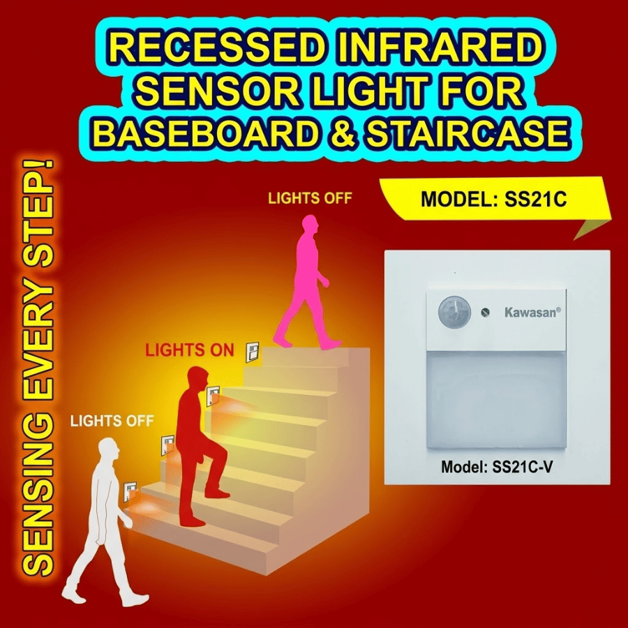SS21C recessed wall infrared sensor light installed at the bottom of stairways Đèn cảm ứng hồng ngoại lắp âm tường chân cầu thang SS21C