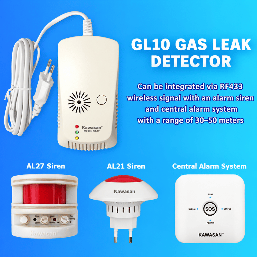 Có thể tích hợp qua sóng RF433Mhz với còi hú hoặc bộ trung tâm khoảng cách <50m
