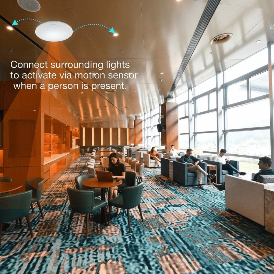 Surface-mounted ceiling sensor lights are commonly installed in waiting areas Đèn ốp trần cảm biến thường lắp ở các khu vực phòng chờ