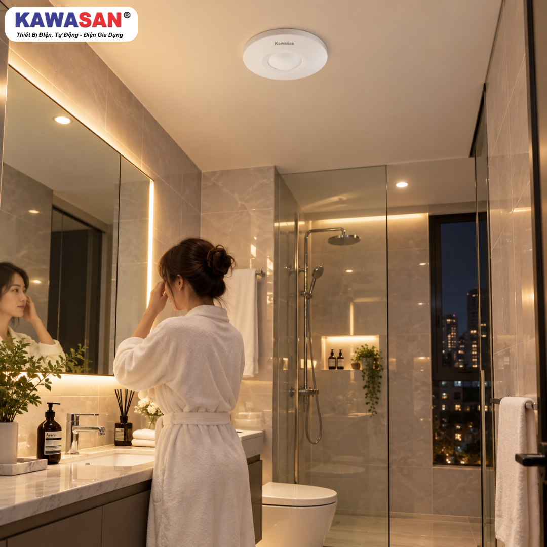 Cảm biến hiện diện PS03BR lắp trần nhà vệ sinh duy trì đèn sáng liên tục