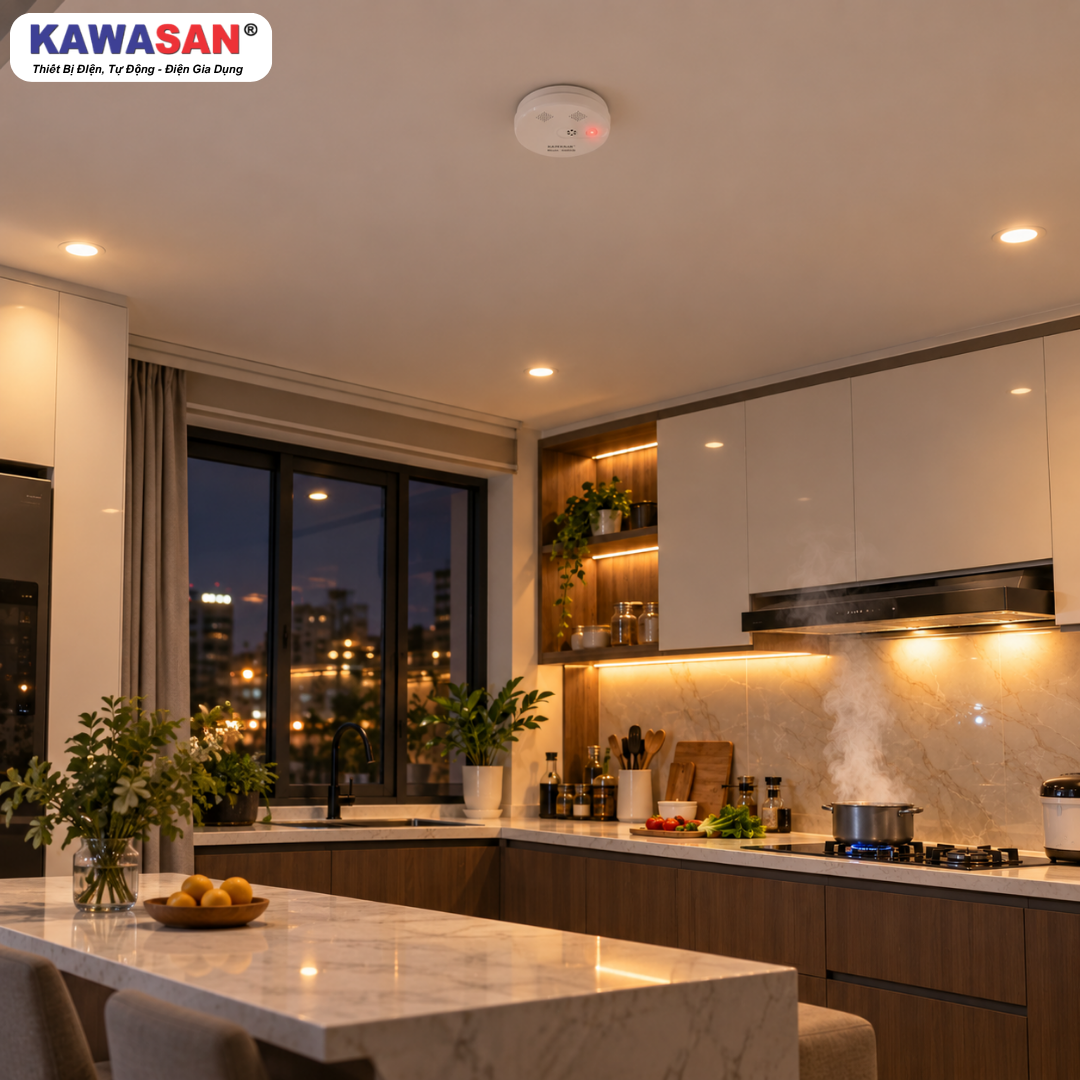 Lắp thiết bị báo khói SM03B Kawasan trên trần nhà bếp cảnh báo cháy sớm