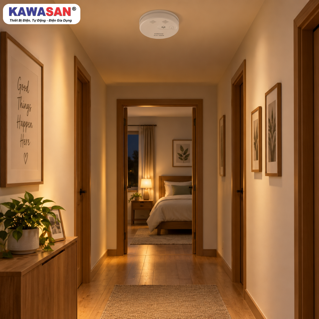 Cảm biến báo khói SM03B Kawasan gắn trần hành lang bảo vệ gia đình ban đêm