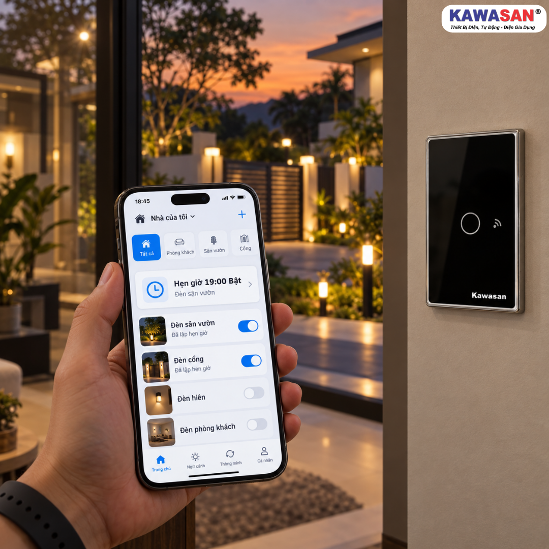 Tính năng hẹn giờ tự động bật/tắt đèn ban công và sân vườn qua công tắc thông minh WiFi