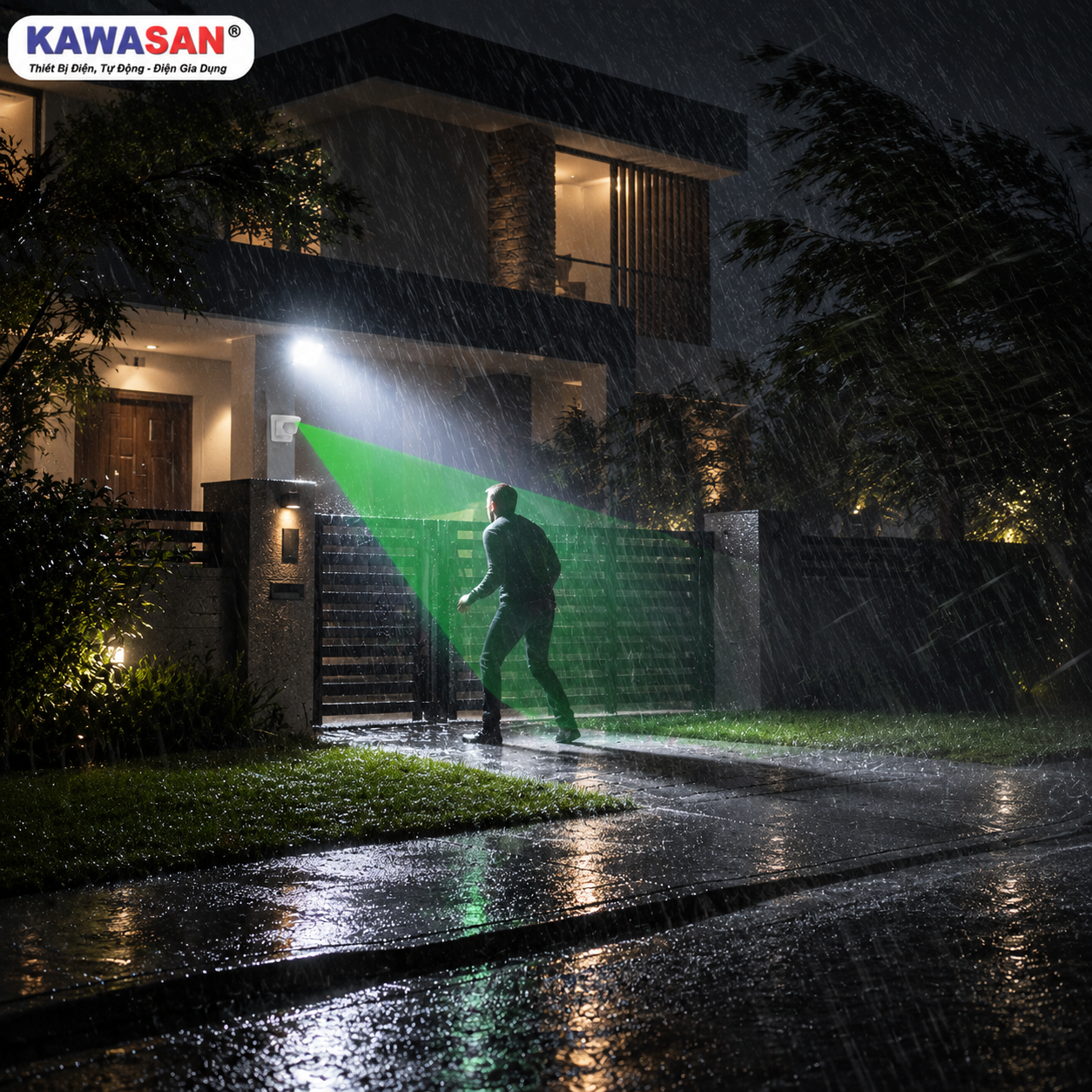 Đèn tự động bật sáng nhờ công tắc cảm biến giúp xua đuổi kẻ gian đột nhập mùa mưa bão