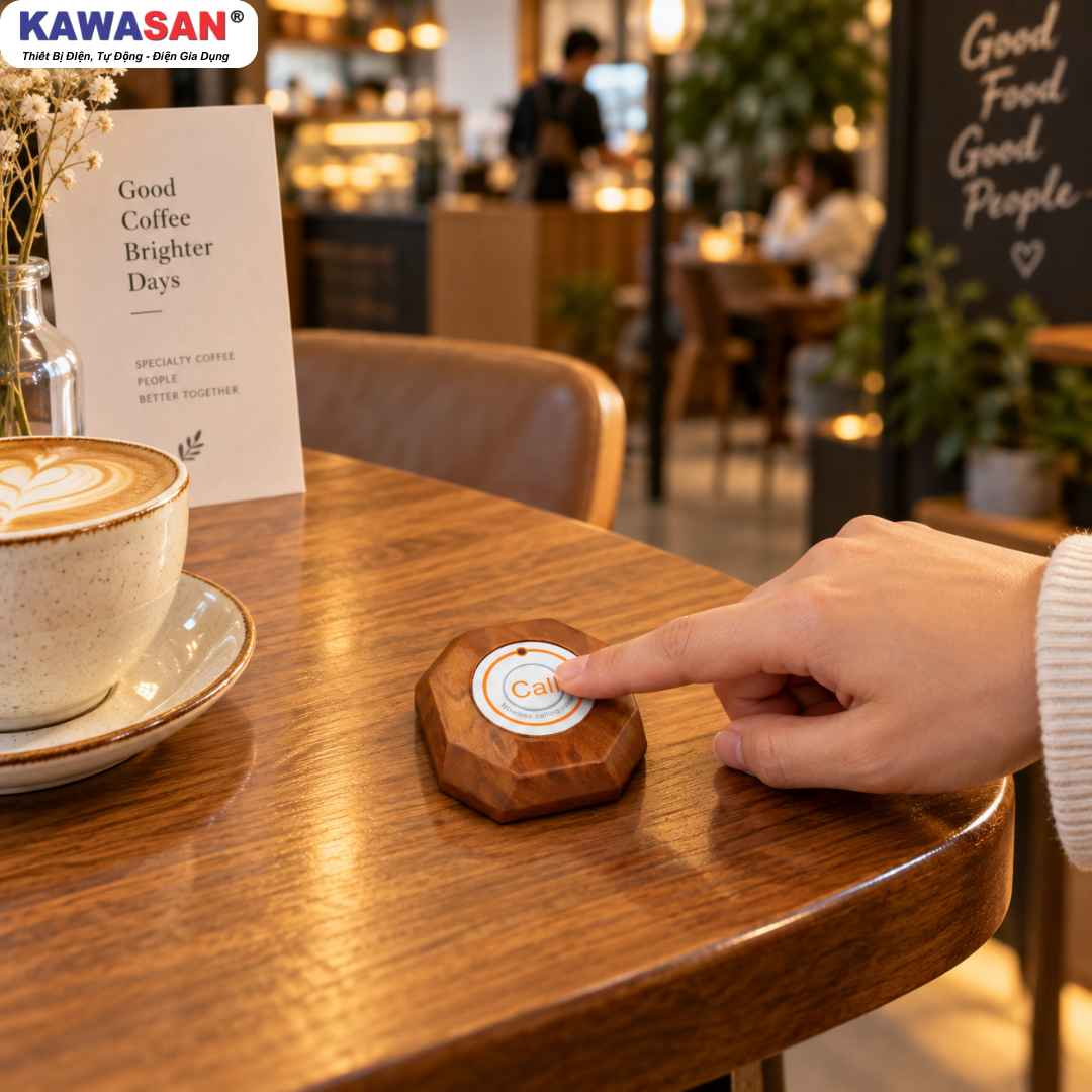 Nút chuông gọi phục vụ không dây Kawasan EB02 đặt tại bàn quán cafe