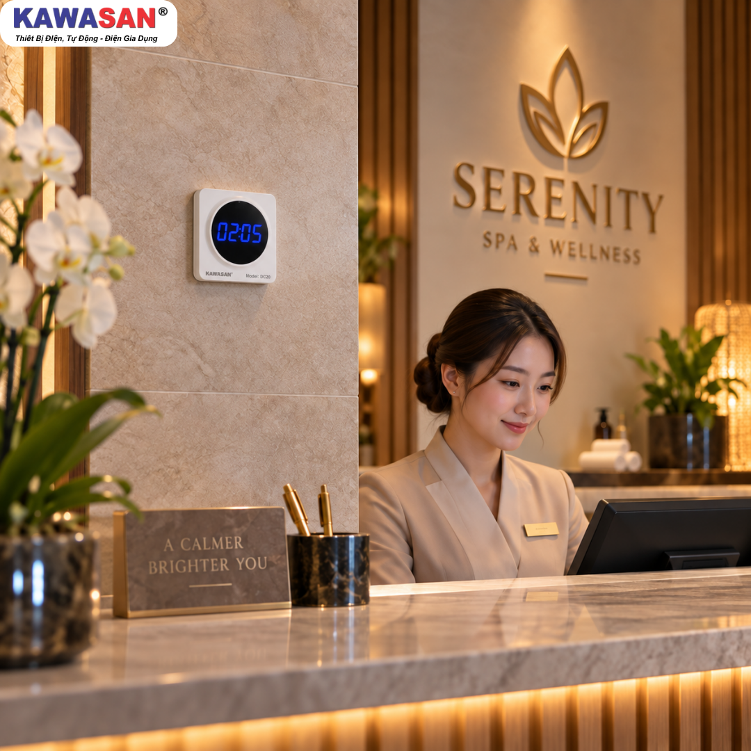 Bộ hiển thị chuông gọi nhân viên Kawasan DC20 lắp tại quầy lễ tân spa
