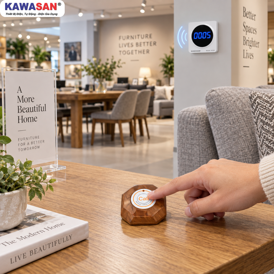 Chuông gọi phục vụ không dây Kawasan DC20-EB02 ứng dụng tại showroom