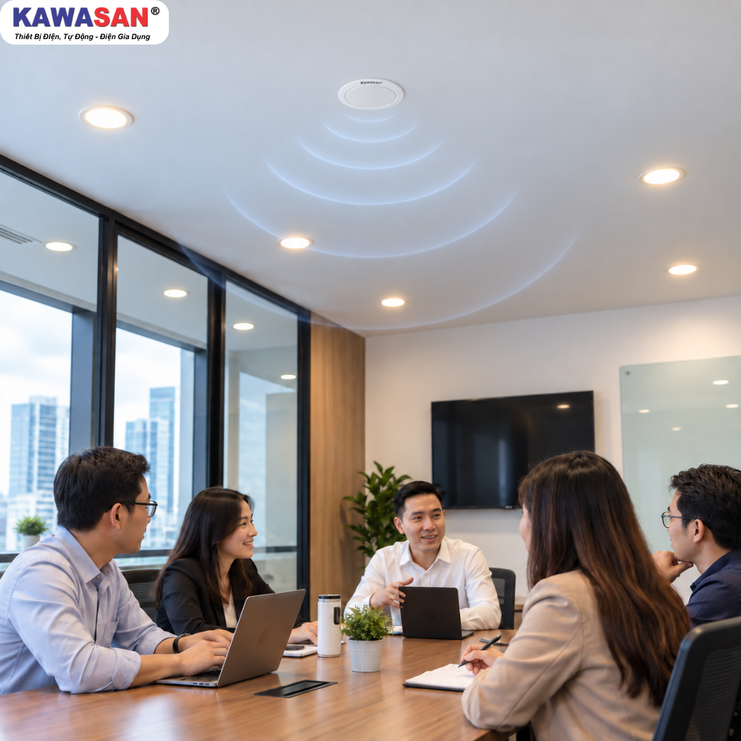 Cảm biến hiện diện âm trần Kawasan PS04BR lắp đặt cho phòng họp văn phòng