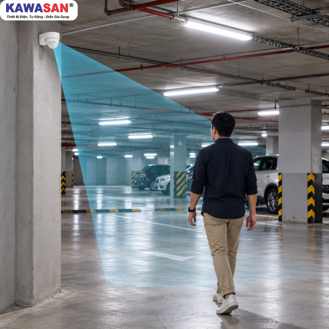 Công tắc cảm ứng chuyển động KW-SS782B lắp bãi xe ngoài trời mùa mưa
