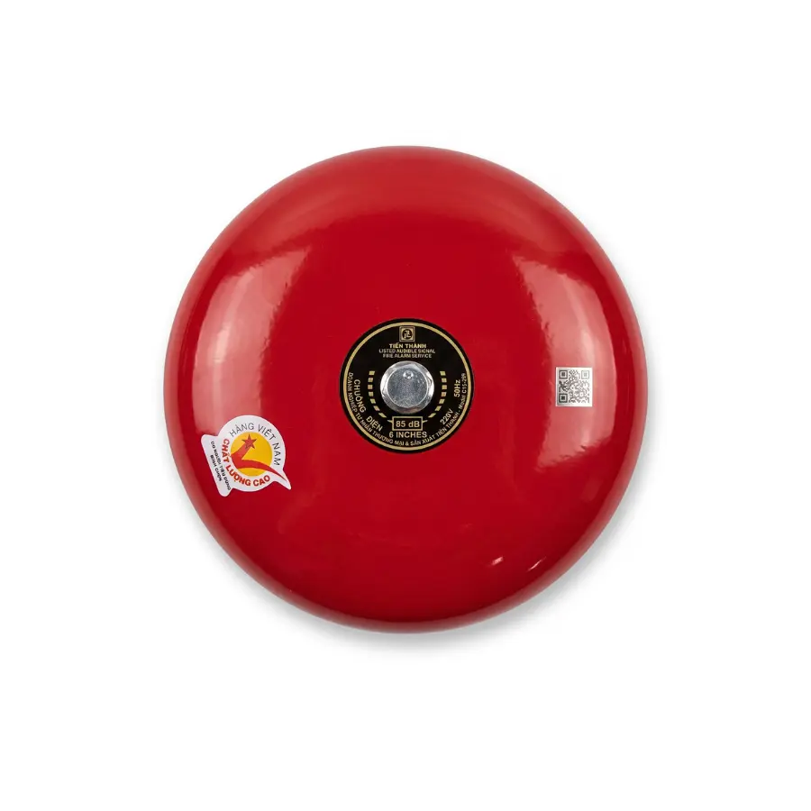 Chuông điện Tiến Thành 6 inch màu đỏ nhìn chính diện, có nhãn thông số 85 dB và tem sản phẩm.