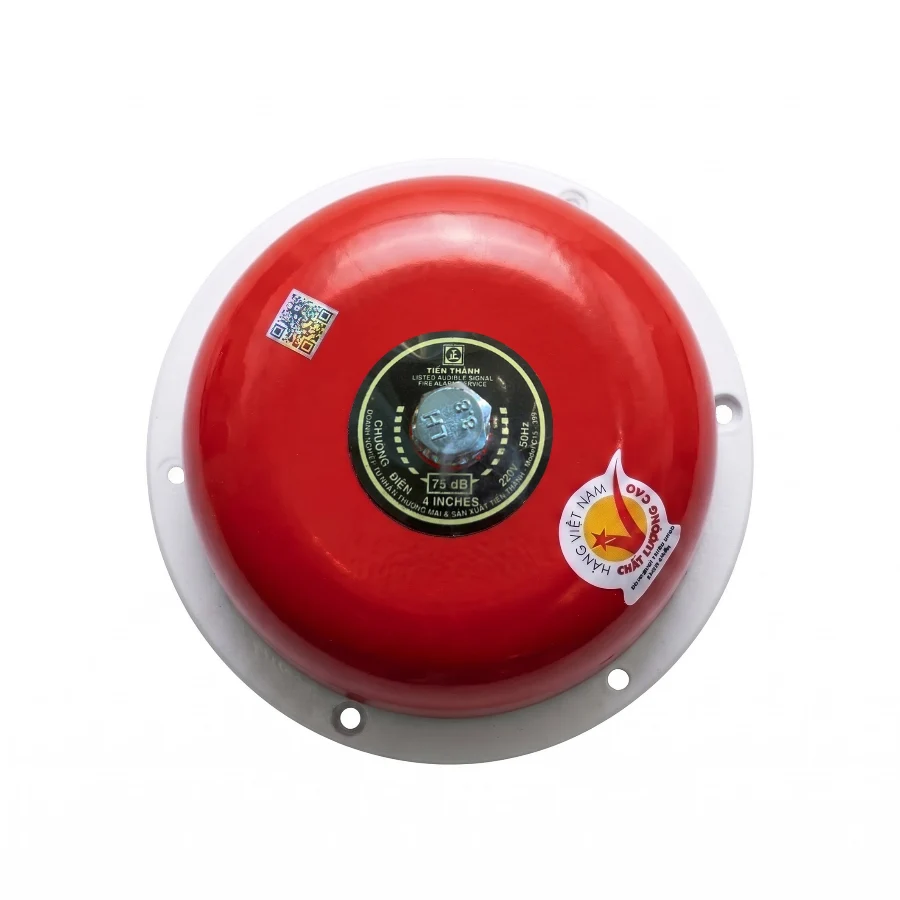 Mặt trước chuông điện Tiến Thành 220V 4 inch màu đỏ, nhãn 75 dB, bu lông giữa và đế lắp màu trắng.