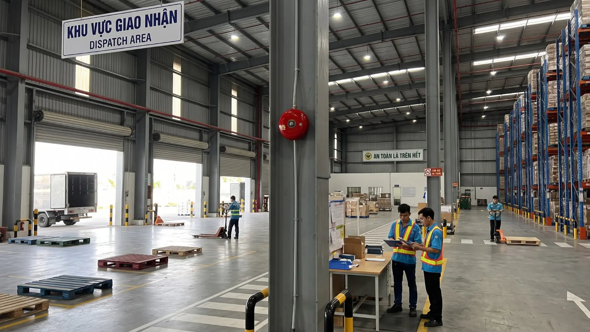 Chuông điện màu đỏ lắp trên cột tại khu vực giao nhận hàng, gần nhân viên điều phối và các dãy kệ kho.