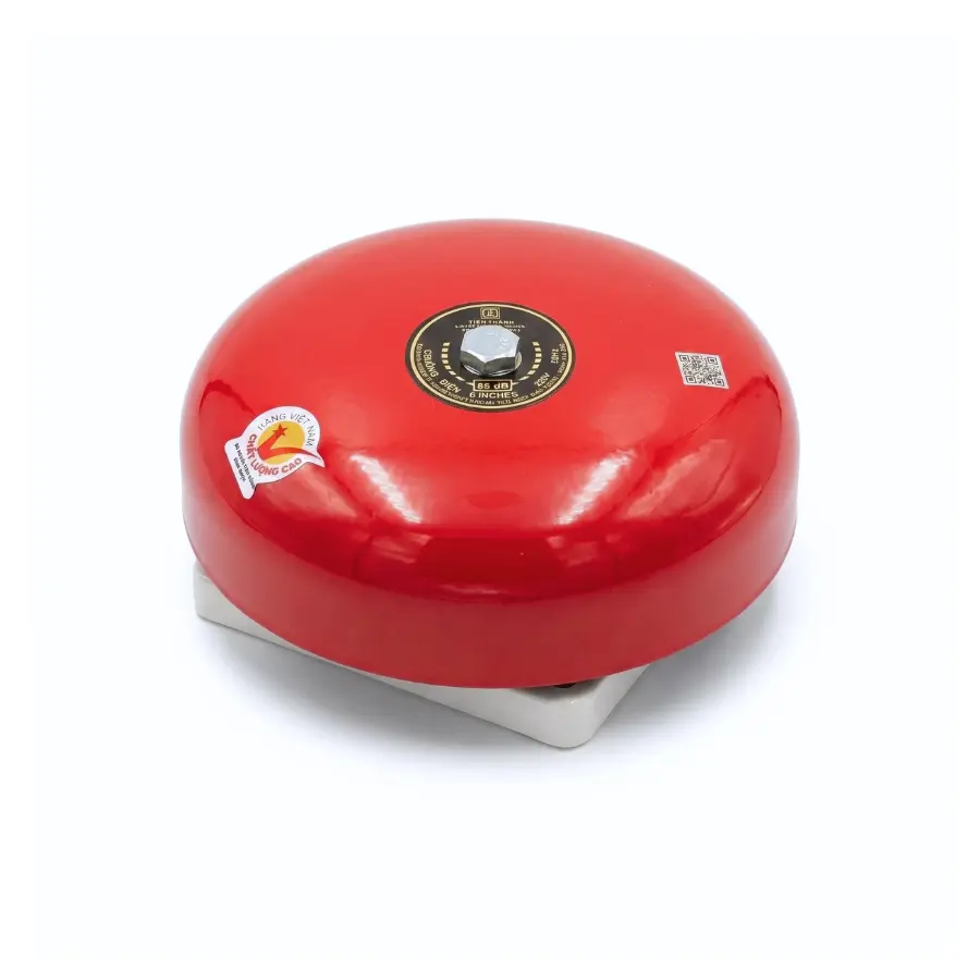 Chuông điện 6 inch chụp góc nghiêng từ trên, thể hiện mặt chuông đỏ dạng vòm và nhãn sản phẩm.