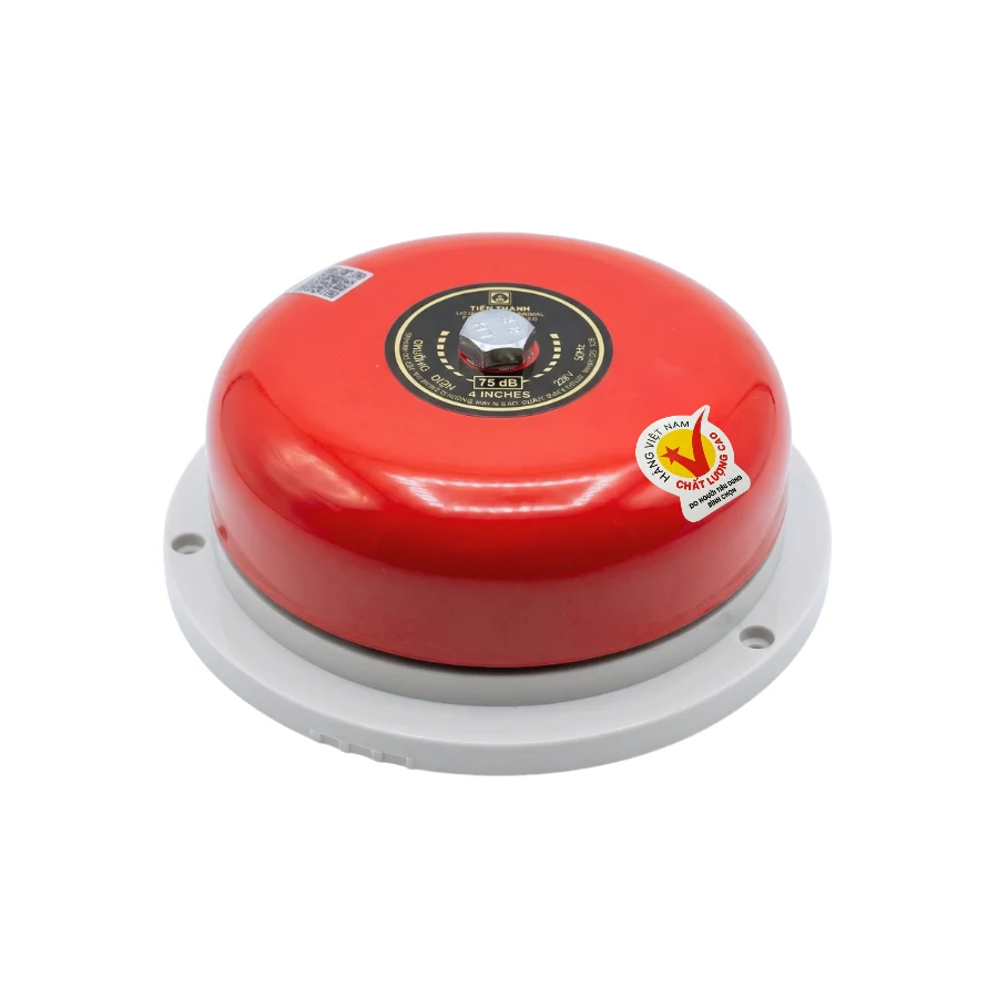 Chuông điện Tiến Thành 4 inch chụp góc nghiêng, thể hiện độ cong mặt chuông đỏ và đế lắp màu trắng.