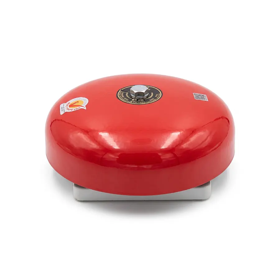Góc nhìn ngang chuông điện 6 inch với thân kim loại màu đỏ dạng vòm và phần đế lắp màu trắng.