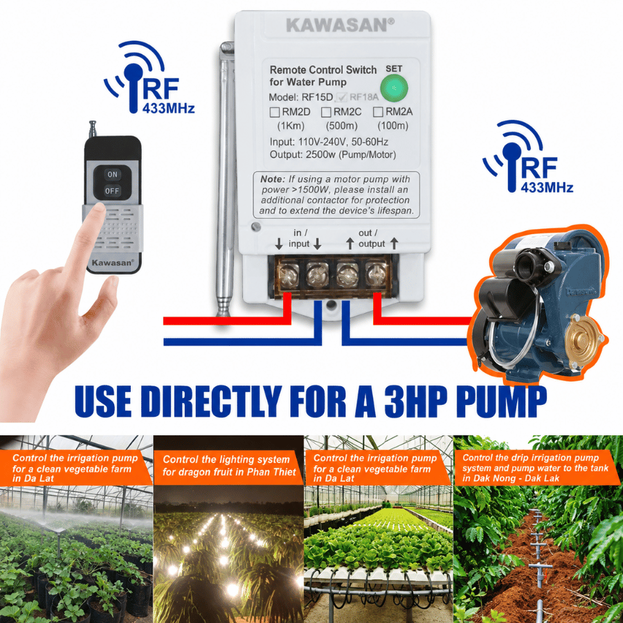 Remote control for car-washing equipment, air-conditioner cleaning equipment, and pumps.