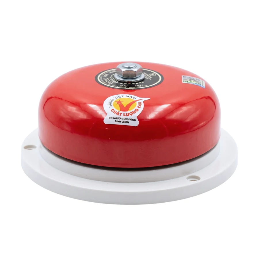 Góc nhìn ngang của chuông điện 220V Tiến Thành 4 inch với thân chuông đỏ và đế gắn tường màu trắng.