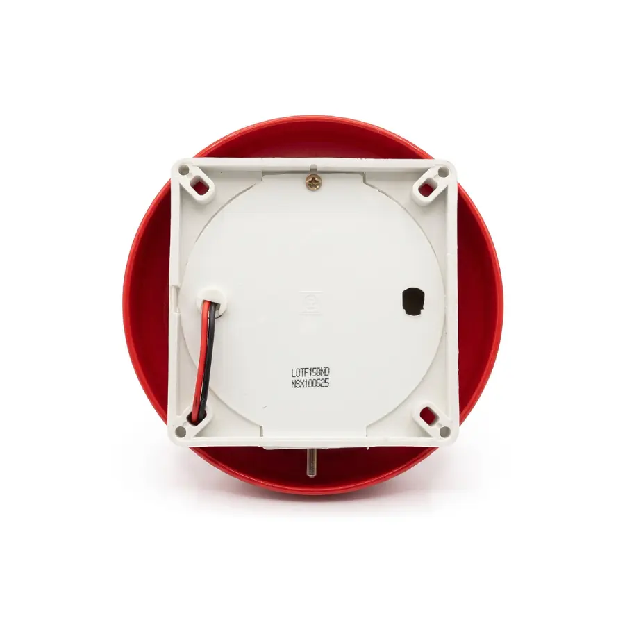 Mặt sau chuông điện 6 inch có đế vuông màu trắng, dây dẫn đỏ đen và bốn vị trí bắt vít