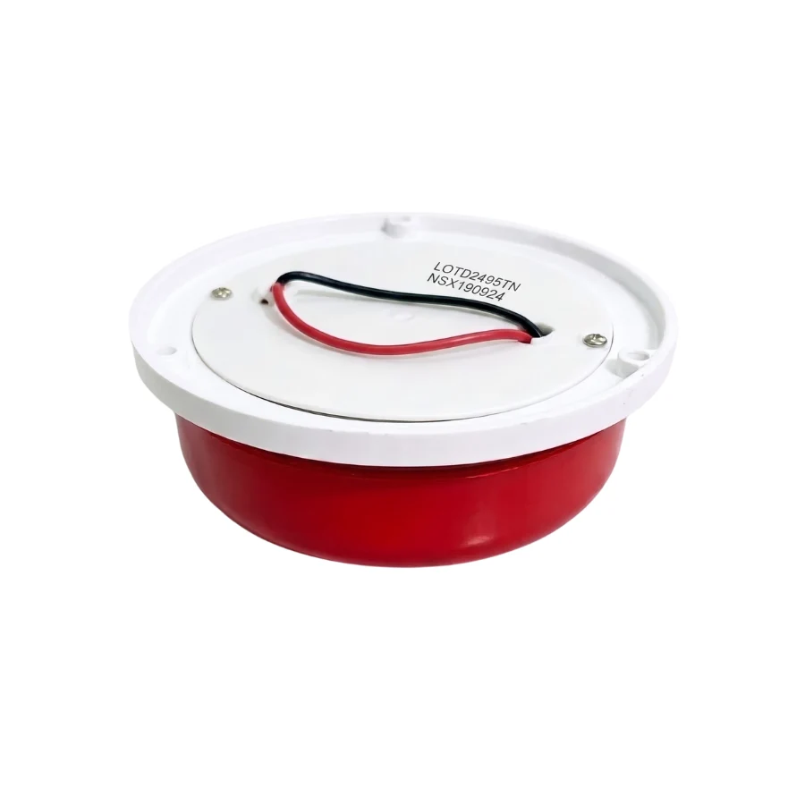 Mặt sau chuông điện Tiến Thành 4 inch nhìn nghiêng, có đế trắng, dây điện đỏ đen và vít cố định.