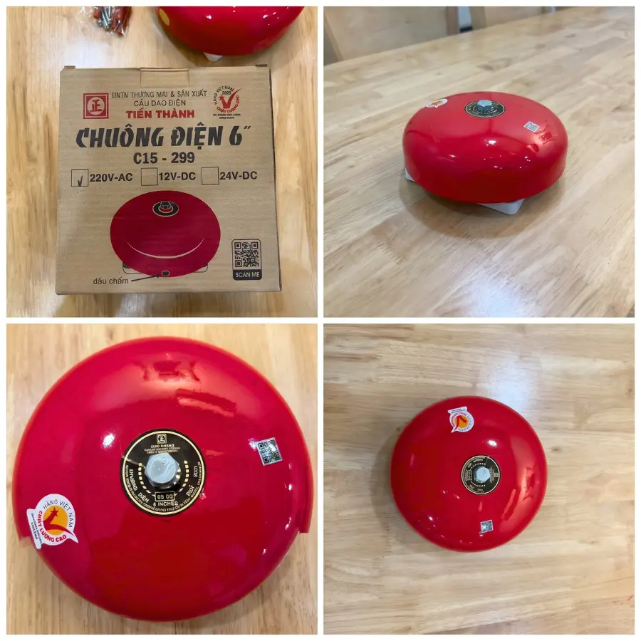 Ảnh ghép bốn góc chụp thực tế chuông điện 6 inch màu đỏ cùng hộp sản phẩm trên bàn gỗ