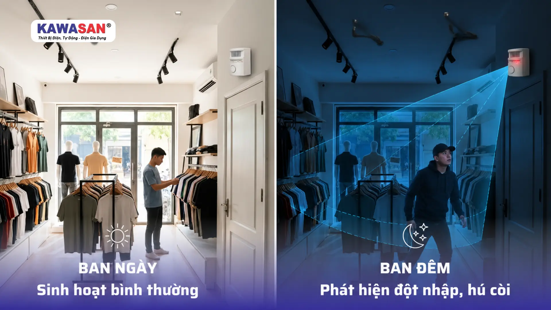 Cửa hàng quần áo vào ban ngày và ban đêm với cảm biến báo trộm trên tường