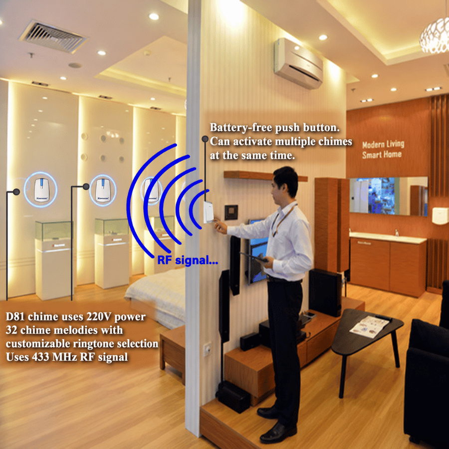 One push button can be paired with multiple chime receivers. Một nút nhấn có thể tích hợp được nhiều chuông