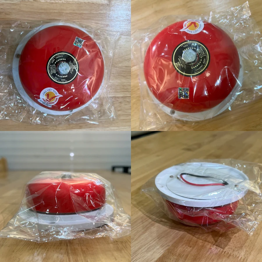 Hình chụp thực tế chuông điện 220V Tiến Thành 4 inch màu đỏ, gồm mặt trước, góc nghiêng, mặt bên và mặt sau sản phẩm còn bọc nilon.