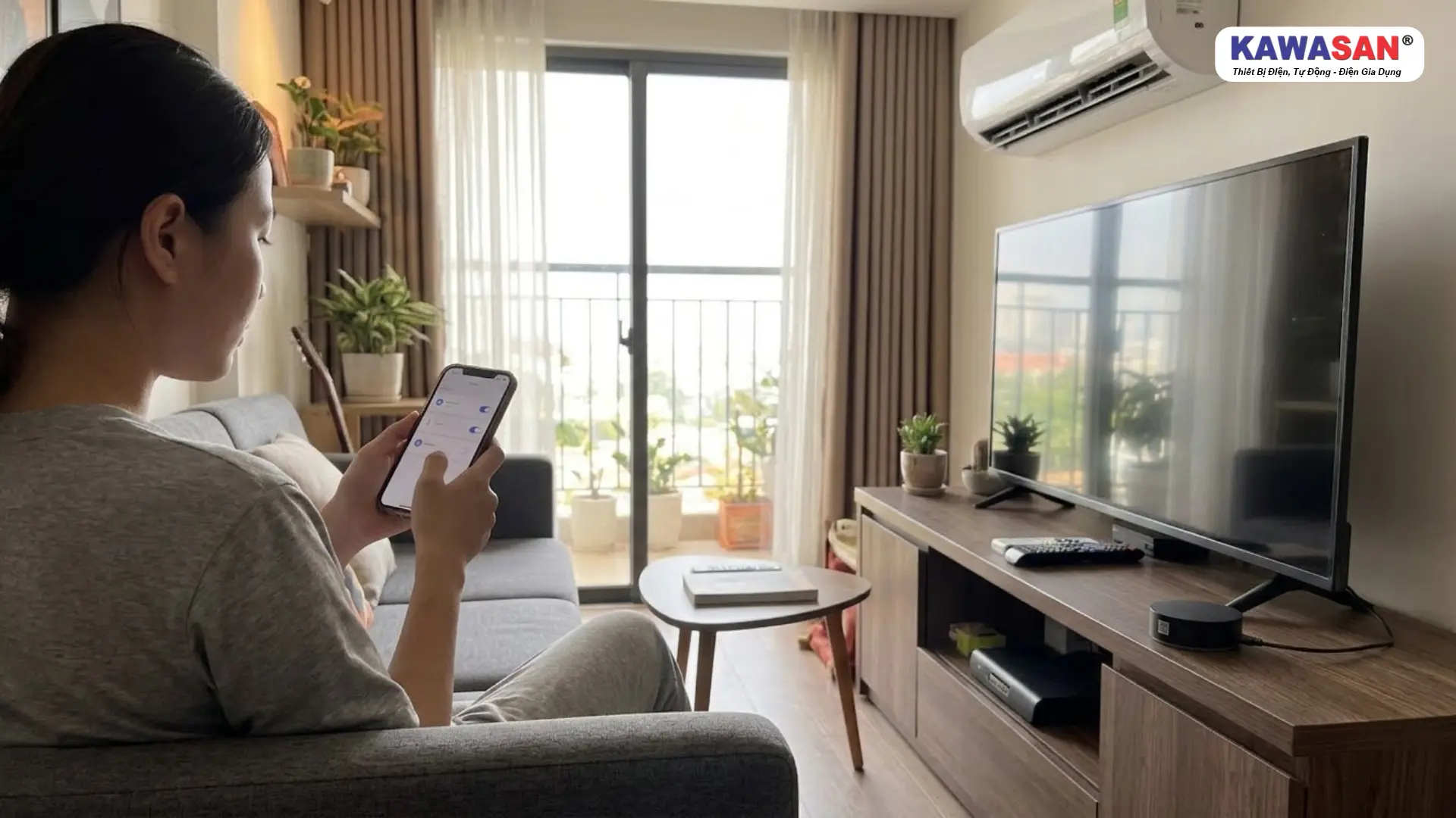 Người phụ nữ dùng điện thoại trong phòng khách có bộ điều khiển hồng ngoại IR Smartpro1 trên kệ TV.