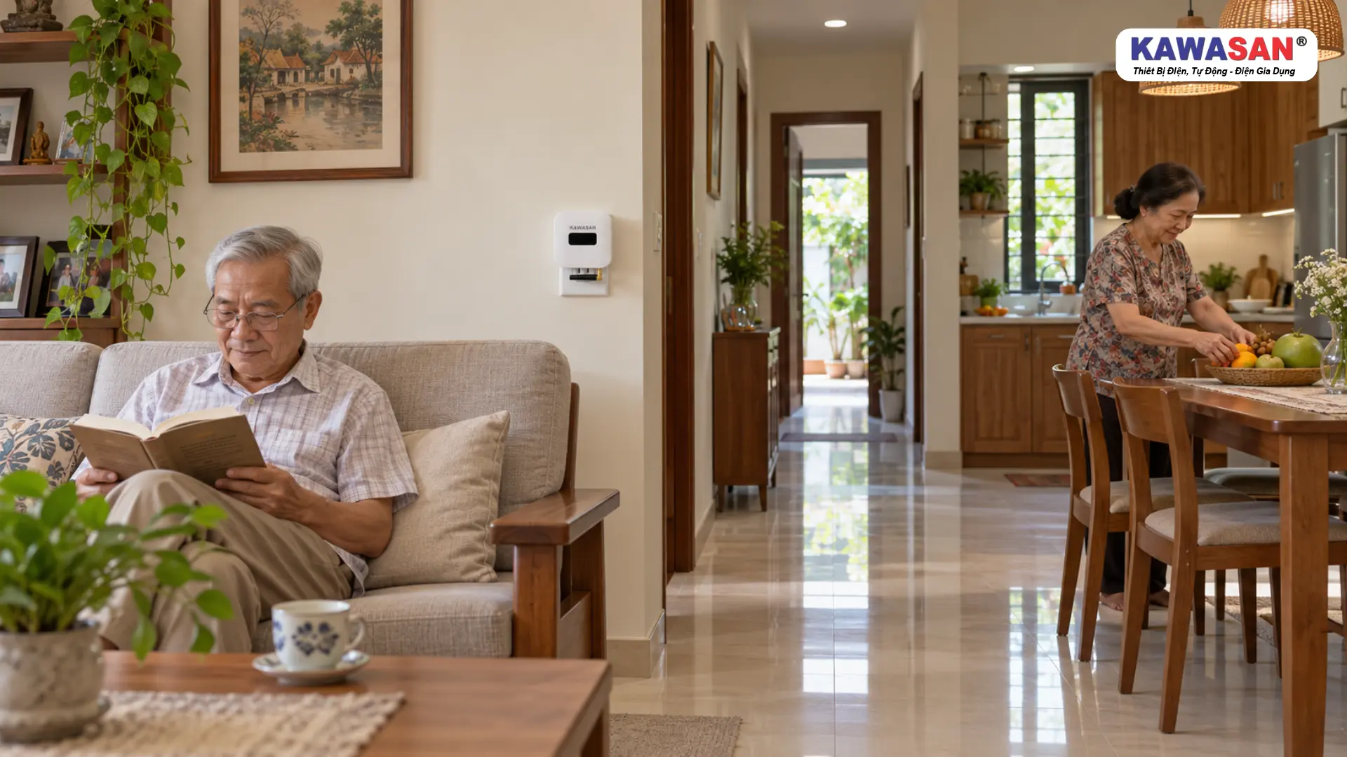 Bộ trung tâm chuông cửa KAWASAN bố trí gần hành lang, người bố đọc sách và người mẹ xếp trái cây phía sau.