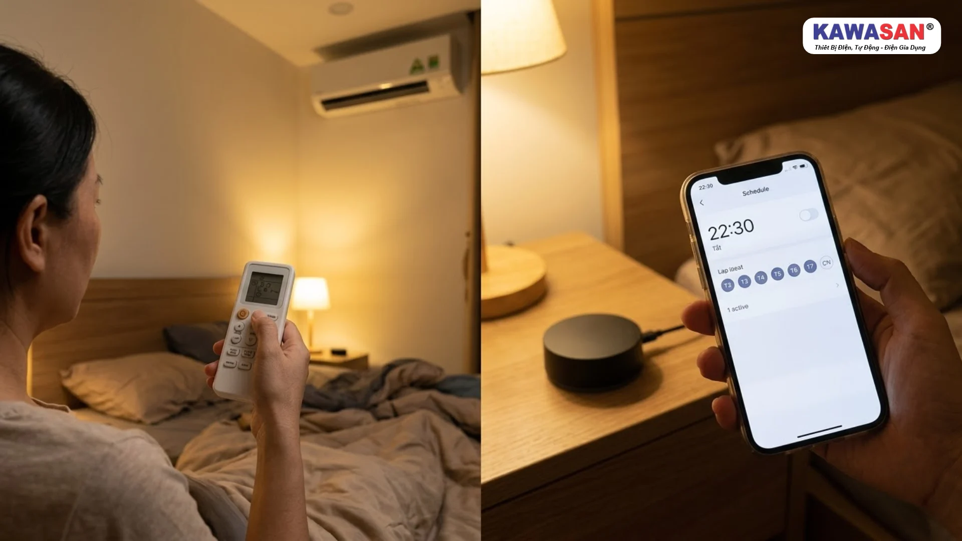 Hai cách hẹn giờ máy lạnh: thao tác trên remote và đặt lịch 22:30 trên ứng dụng điện thoại.