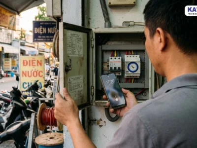 Cách sử dụng công tắc hẹn giờ TS181D sau mất điện bằng cách đối chiếu đồng hồ cơ với giờ trên điện thoại.