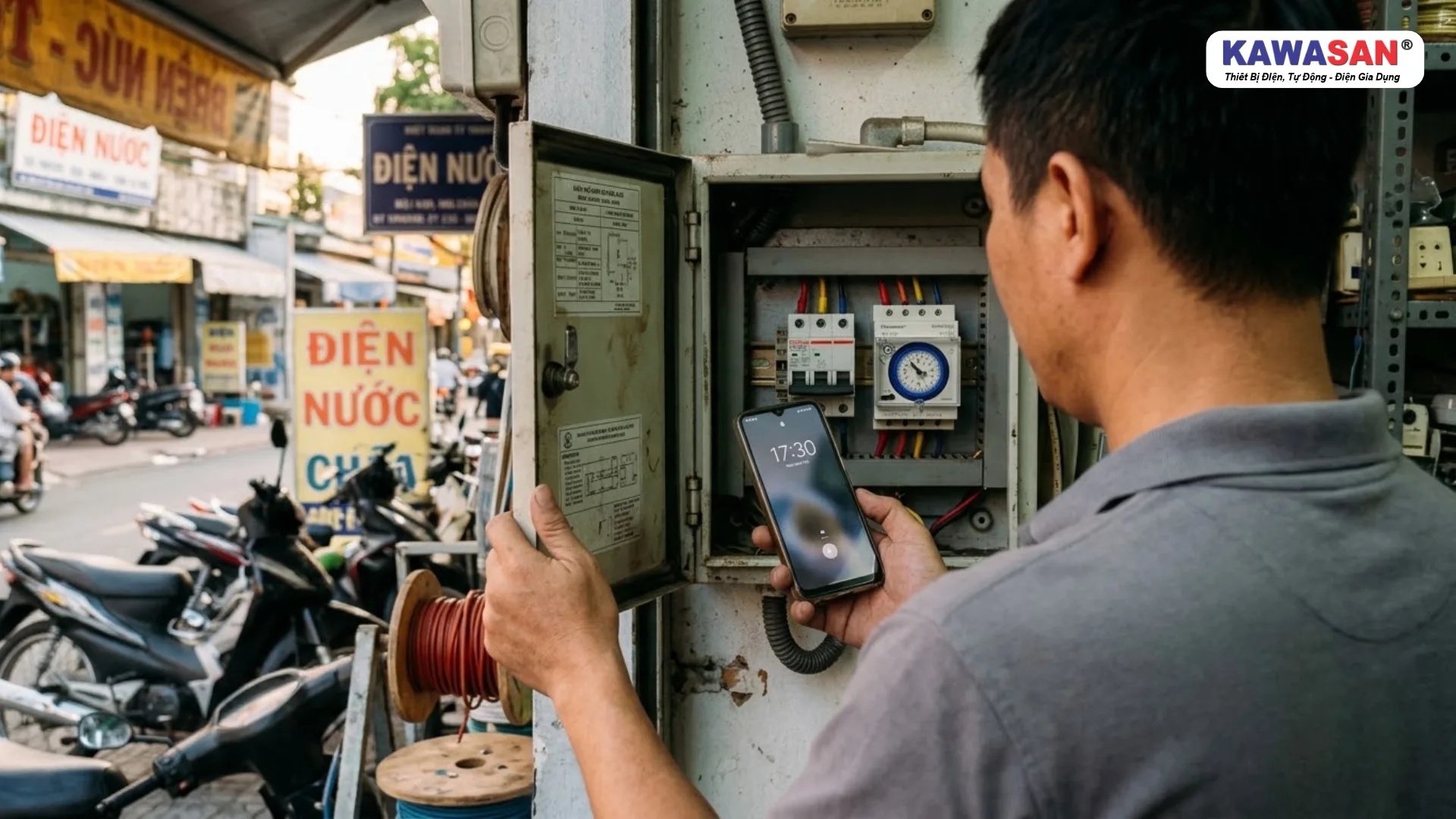 Cách sử dụng công tắc hẹn giờ TS181D sau mất điện bằng cách đối chiếu đồng hồ cơ với giờ trên điện thoại.
