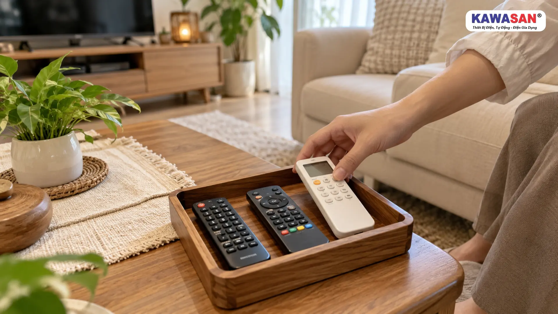 Bàn tay đặt remote máy lạnh vào khay gỗ cạnh hai remote trên bàn trà.