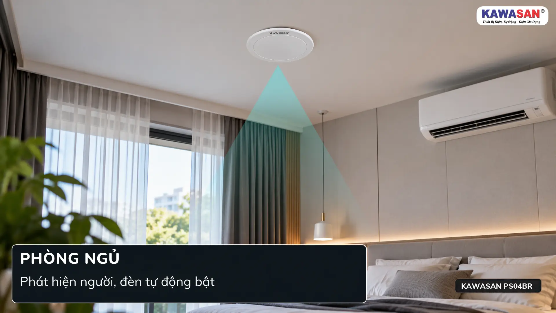 Cảm biến hiện diện KAWASAN PS04BR lắp trên trần phòng ngủ hiện đại