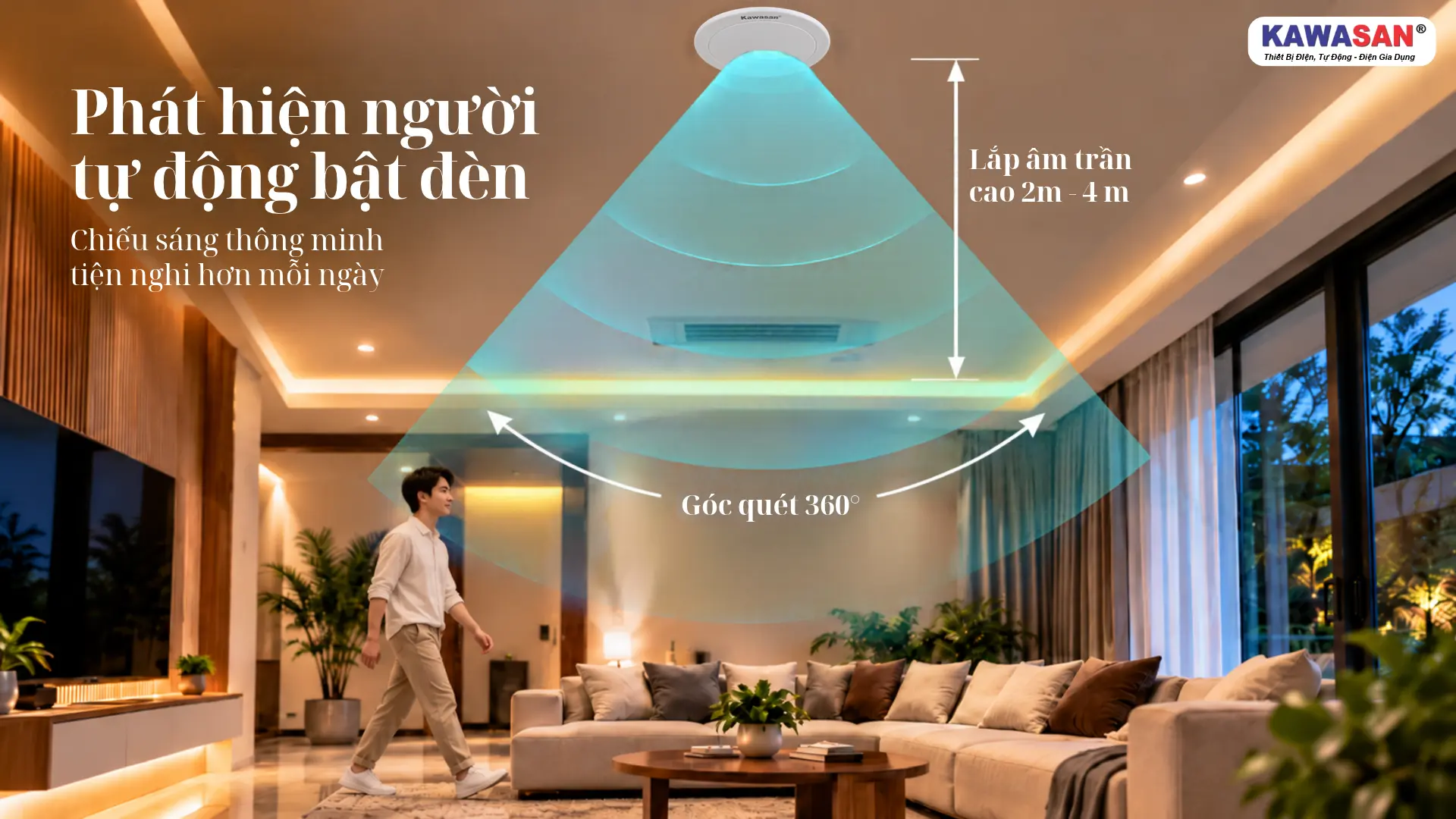 Minh họa cảm biến hiện diện âm trần KAWASAN PS04BR với góc quét 360 độ và chiều cao lắp đặt 2 đến 4 mét.
