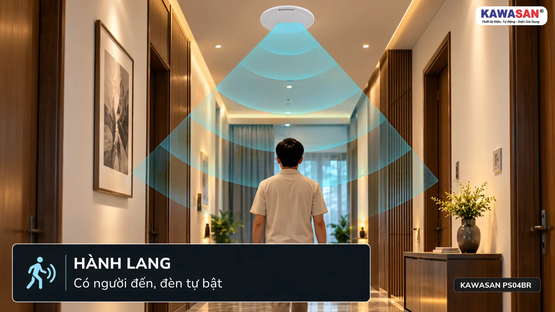 Cảm biến hiện diện KAWASAN PS04BR lắp âm trần hành lang giúp đèn tự động bật khi có người đi qua.