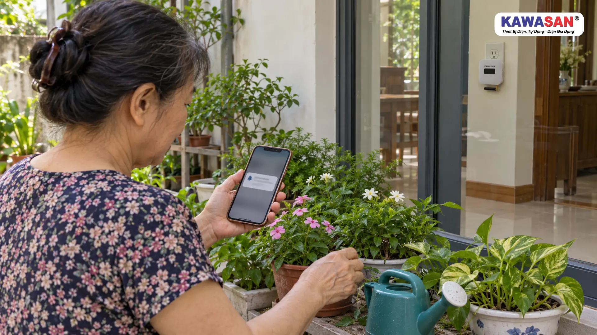Người phụ nữ xem thông báo có biểu tượng chuông trên điện thoại khi chăm cây tại hiên sau nhà.