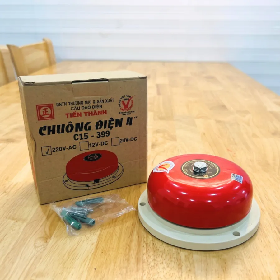 Chuông điện Tiến Thành 220V 4 inch chụp góc nghiêng cạnh hộp C15-399 và bộ vít, tắc kê lắp đặt.