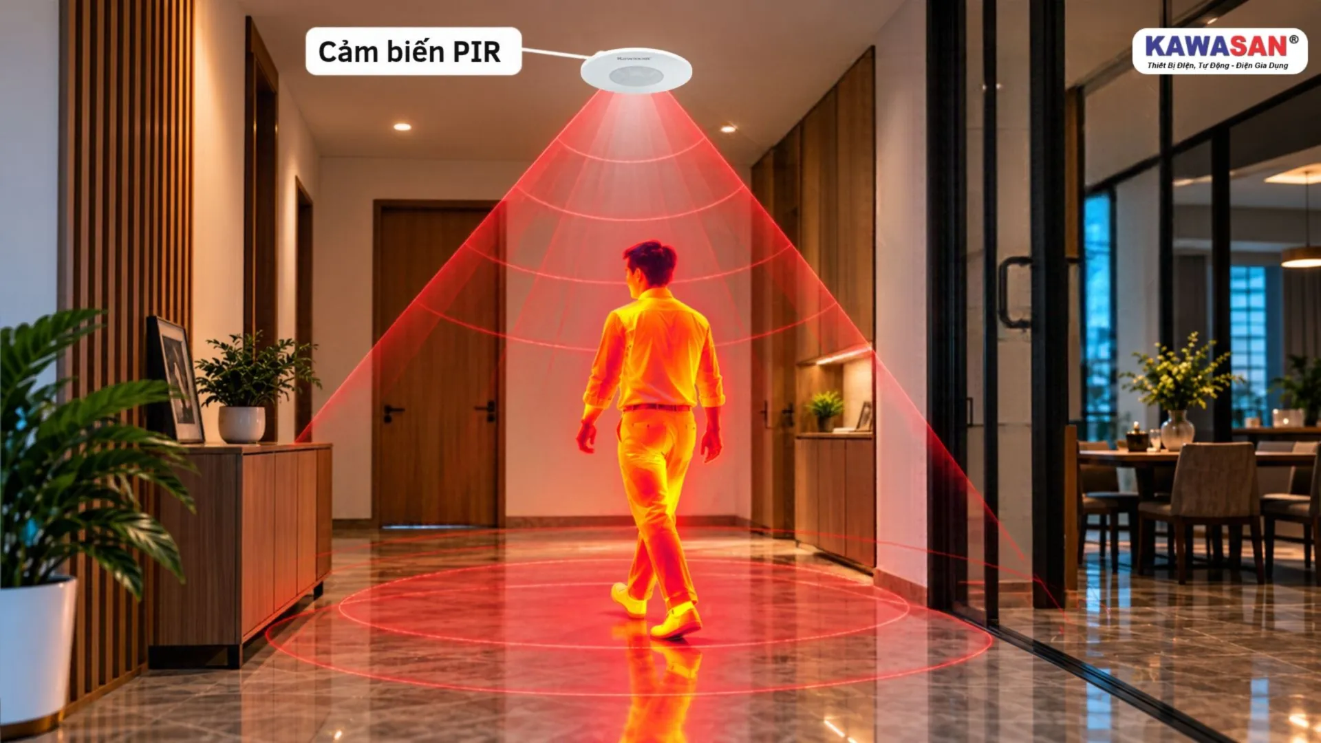 Cảm biến hồng ngoại PIR trên KAWASAN PS05-Pro nhận biết chuyển động của người đi qua hành lang