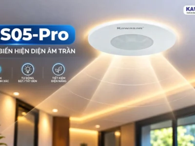 Cảm biến hiện diện PS05-Pro được lắp âm trần, hỗ trợ nhận biết chuyển động và tự động điều khiển đèn theo điều kiện cài đặt.