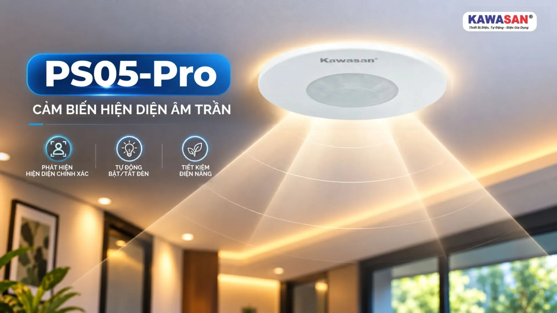Cảm biến hiện diện PS05-Pro được lắp âm trần, hỗ trợ nhận biết chuyển động và tự động điều khiển đèn theo điều kiện cài đặt.