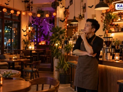 Đèn trang trí Halloween tại quán cà phê với nhiều bộ đèn LED sử dụng điện.